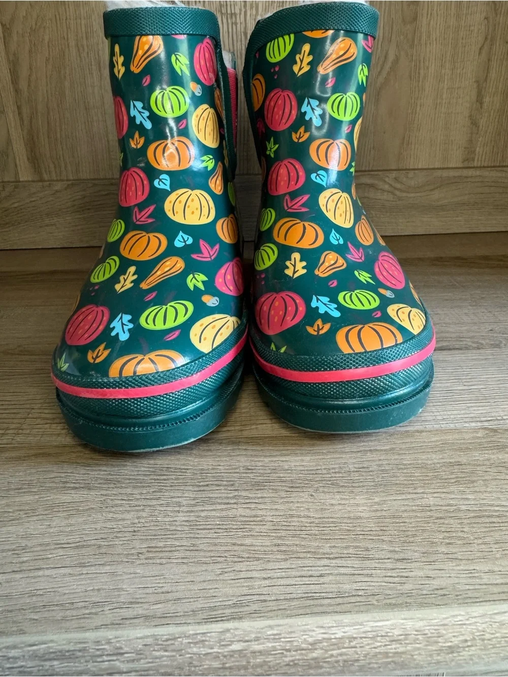 Lily & Dan Childrens Rain Boots SZ 13/1 Pumpkin Leaves Waterproof Faux Fur Linin
